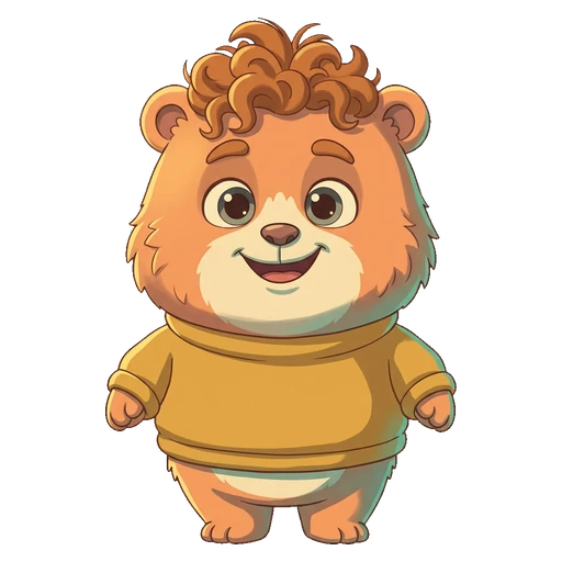 Flo, a curly-haired bear in a mustard sweater